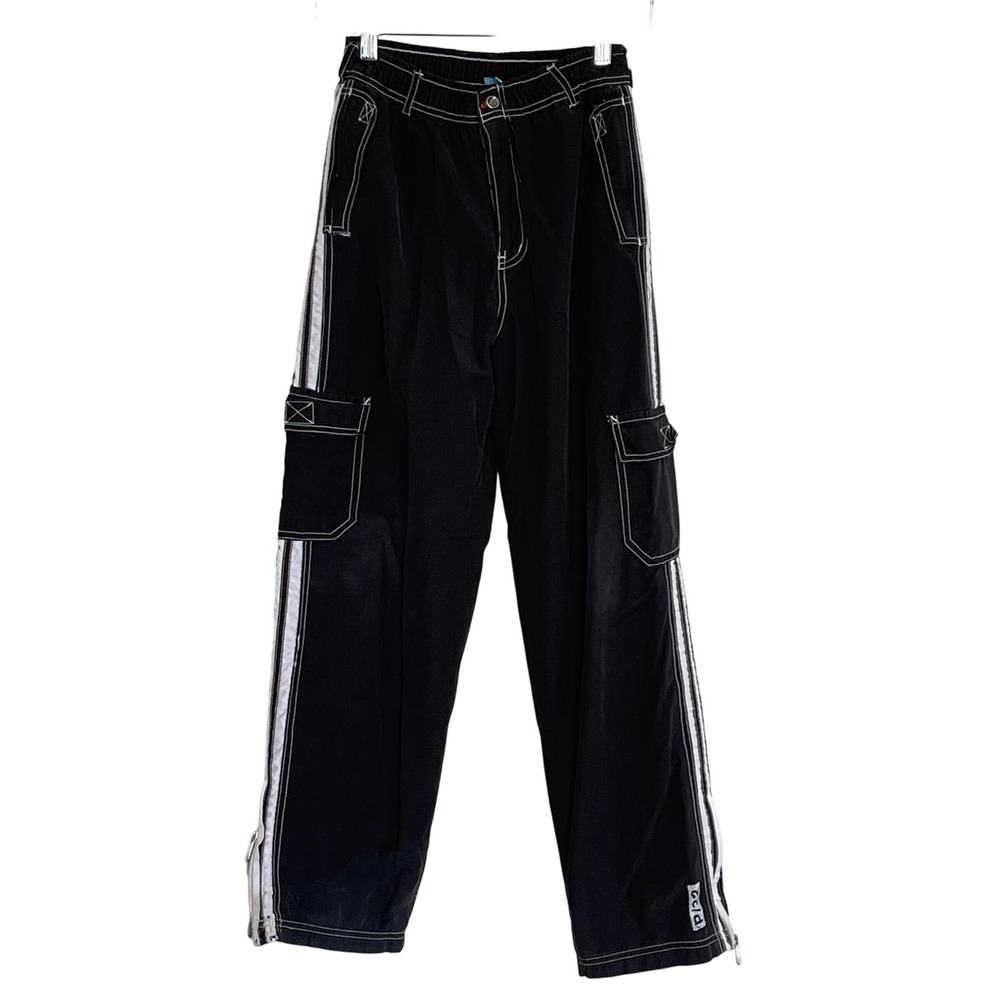 Phys.Sci Kids XL 14/16 Black Cargo Pants Y2K Contrast Stitch Wide Leg Zipper Hem